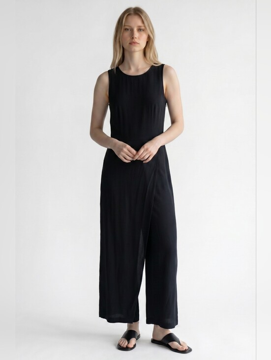 Eileen Fisher Pants - Eileen Fisher Black Tencel Lyocell Wide Leg Sleeveless Jumpsuit Pockets Size XXS